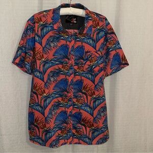 Amplify XXL Coral Blue Tropical Palm Leaves Short Sleeve Casual Hawaiian Shirt